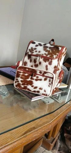SYNY Genuine Cowhide Hair On Leather Backpack Travel Bag Tan White 15X13X7 Inch