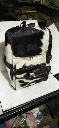 SYNY Genuine Cowhide Hair On Leather Backpack Travel Bag Brown White 15X13X7 In