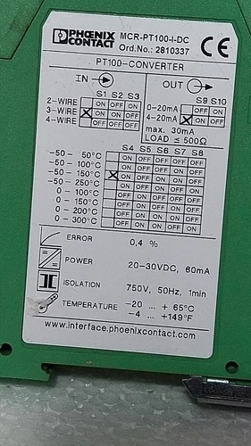 Phoenix Contact MCR-PT100-I-DC Pt100 Converter 4-20mA 24V Controller Transmitter