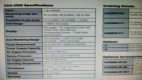Nidec Tosok CAG3000 Column Air Gauge Micrometer Controller Transducer